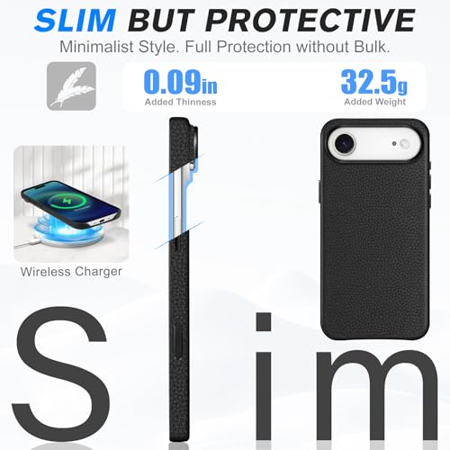 Image of SHIELDON Genuine Leather Case for iPhone Air 6.5 inch 2025, Pebbled Black | for MagSafe, Magnetic Wireless Charging, Camera Button, Metal Buttons, Camera Bezel, Non-Slip, Shockproof, Anti-Scratch, Slim