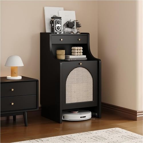 Multi-Purpose Sofa Side Table with Hidden Storage & Robot Vacuum Holder - 45cm Black Entryway & Living Room Organizer for Sweeper Robots