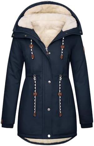 Xnova Damen Wintermantel Fleece gefütterter Parka Mittlere | Warm Teddyfleece Mäntel Draussen Winterjacke mit Kapuze, Taschen, Verstellbare Kordelzüge, Winddichte Baumwolle