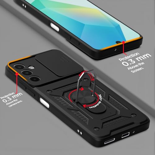 Image of Pikkme D10 Tough Armor Bumper Case | 360 Protection Case | Sliding Camera Shield Cover & Ring Holder Stand Back Cover for Samsung Galaxy A16 5G (Black)