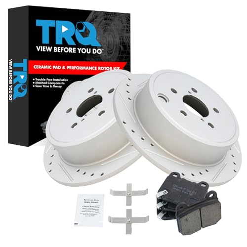 Image of TRQ Performance Rear Brake Pad and Rotor Set Ceramic Drilled Slotted G Coated Rotors Compatible with 2008-2014 Subaru Impreza