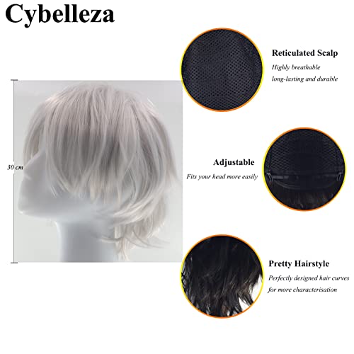 Cybelleza Anime Cosplay Wig - Short Synthetic Curly Straight Layered Fluffy Silver Grey Wig with Free Cap - Image 2