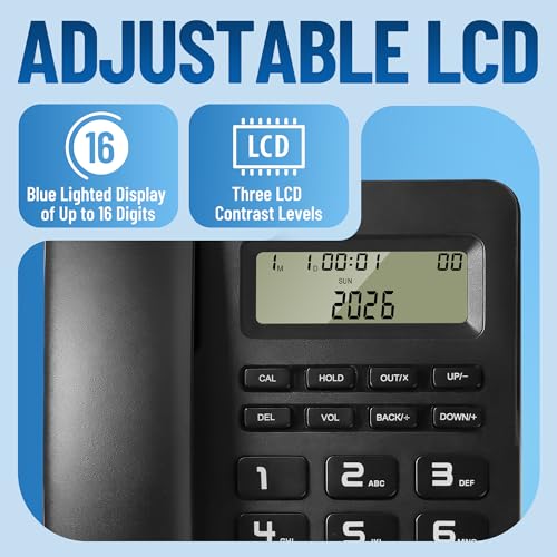 Corded Landline Phones for Home/Office, Desk Corded Telephone with Display and Adjustable Volume, Support Music on Hold, Speakerphone, DND and Calculator Function, Uvital House Phone (Black) - Image 3