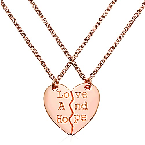 BFF Friendship Necklace for 2pcs Heart Pendant Best Friend Necklaces for Girls Two-Split Rose Gold Heart Puzzle Pendant Necklaces a Pair Dainty Couple Matching Necklace Choker Set Engraved LOVE and HOPE as Gifts for Teen Girls, Lover, Faimly and Mates on Birthday,Valentine s or Back to school (Rose Gold)