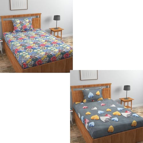 Image of Glace Cotton 220 tc Flat Single Bedsheets Combo Pack of 2 Bed Sheet for Breathable | Wrinklefree Super Soft (Size-60 X 90 Inch) with 2 Pillow Covers (Size-17 X 27 Inches) -Multi&Grey