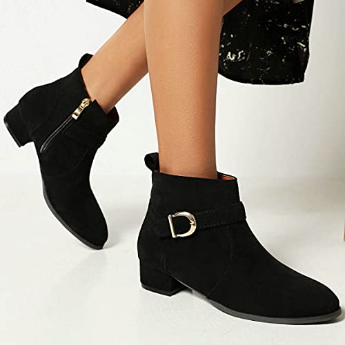 ClassicSter Womens Faux Suede Booties Round Toe Chunky Low Heel Zip Up Ankle Boots with Buckle4