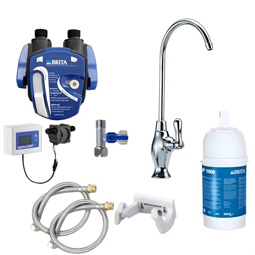 AORA Sistema de filtro de agua debajo de la mesa con grifo de 1 vía, compatible con filtro BRITA P1000 y cabezal de filtro, reduce la cal y mejora el sabor, OSLO latón cromado con Digiflow