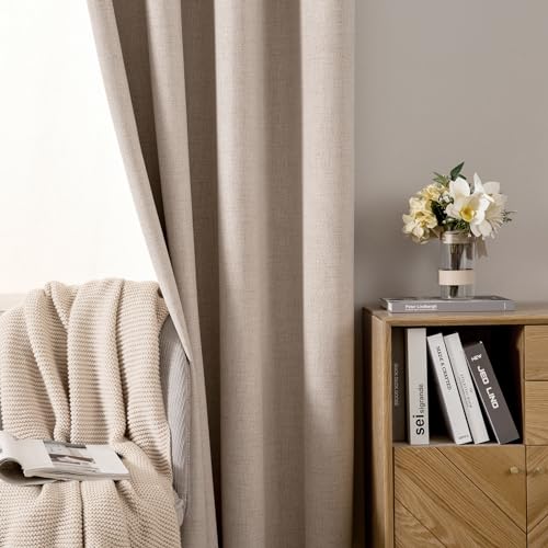 Image of MIULEE Linen Textured Curtains for Bedroom Solid 100% Blackout Thermal Insulated Natural Beige Grommet Room Darkening Curtains & Drapes Luxury Decor for Living Room 52 x 64 Inch (2 Panels)