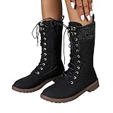 SHE.White Halbschaft Stiefel Damen Winter Warm Strick Patchwork Seitlicher Reißverschluss Schnürboots Rundkopf Halbstiefel mit Schnürung Niedrige Ferse Schneestiefel Einfarbig Winterstiefel Schuhe