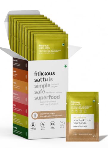 Image of fitlicious Jaljira Sattu Powder | Bihari Chana Sattu | Natural & Organic | Gluten-Free, Non-GMO | High Protein & Fiber | Instant PremiX | Healthy Drink For All Ages | Pack Of 10 X 40g Sachets