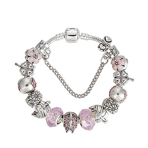 WENEWU Pulsera,Aleación Moldeada de Cuatro Hojas de Hierba con Piedras Preciosas Cristal preserva el Color Plata de la galjanoplastia