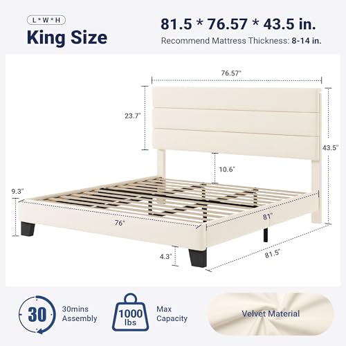 Image of Allewie King Size Platform Bed Frame with Velvet Upholstered Headboard and Wooden Slats Support, Fully Upholstered Mattress Foundation /No Box Spring Needed /Easy Assembly, Cream