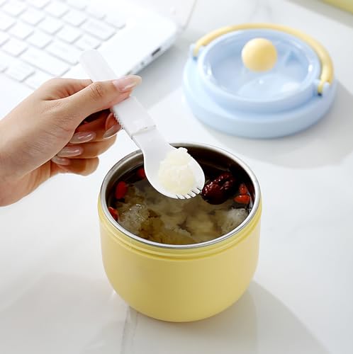 Image of House of Quirk Portable Soup Cup & Porridge Jar, 304 Stainless Steel Breakfast Cup with Lid & Spoon - Insulated Oatmeal, Milk & Food Container for Students & Travel (Blue /Yellow)