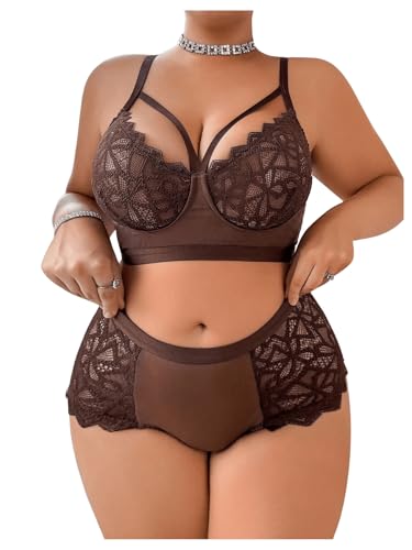 Image of MakeMeChic Women's Plus Size Lingerie Sets Contrast Lace Cut Out Wireless Bra and Panty Set
