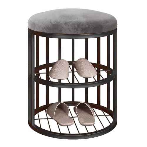 Banco de zapatos de entrada con marco de metal, zapatero de 2 niveles y asiento redondo, elegante taburete de almacenamiento gris y negro para zapatos, perfecto organizador de espacio pequeño