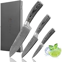 Wakoli EDIS 3-Piece Damascus Knife Set Professional Kitchen Knives with VG10 Core Blades, 67-Layer Damascus Steel and Ergonomic Pakkawood Handles Premium Chef Knife Set in Wooden Gift Box