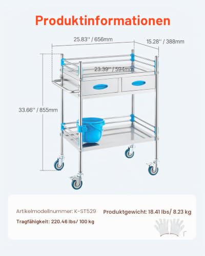 VEVOR 2 Böden mit 2 Schubladen Servierwagen Edelstahl Serving Lab Trolley Laborwagen Tragbar Abräumwagen Medical Dental Lab Cart Transportwagen Rollwagen Medizinisch, Universalräder, 2 Fußbremsen