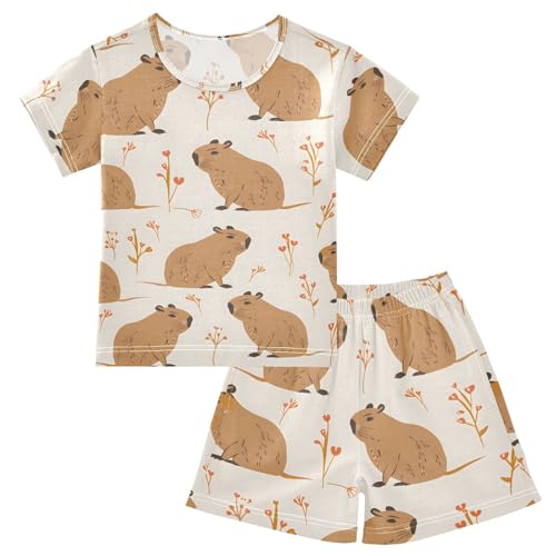 ALAZA Capybara Floral Cute Stylish Pajamas Short Sleeve 2 Piece Sleepwear Top and Bottom Pajama Set Unisex