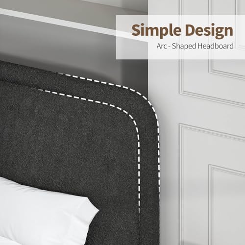 Image of BarnFurin Full Bed Frame, Cloud Boucle Headboard, Rounded Corners, Black | Soft boucle and rounded edges create a low-profile cloud look. Wooden slats support the mattress without a box spring