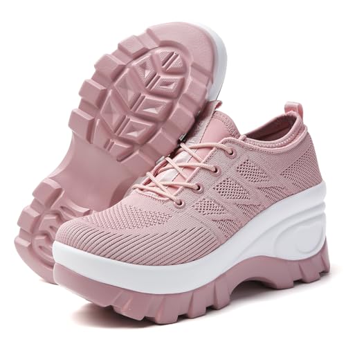 Image of Women's Chunky Platform Comfort Orthopedic Wedge Walking Shoes Fashion Knitted Breathable Lace Up Lug Sole Casual Non-Slip Running Shoes with Arch Support
