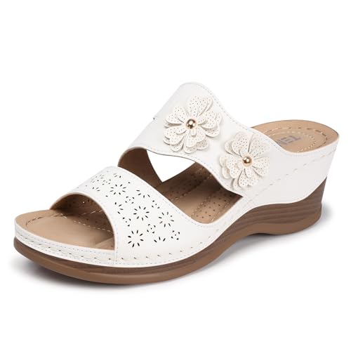 TEMOFON Sandals for Women Summer Wedge: Soft Hollow Out Dressy Slides Sandals, Rubber Sole, Comfortable Walking, Casual Slip on Platform Shoes