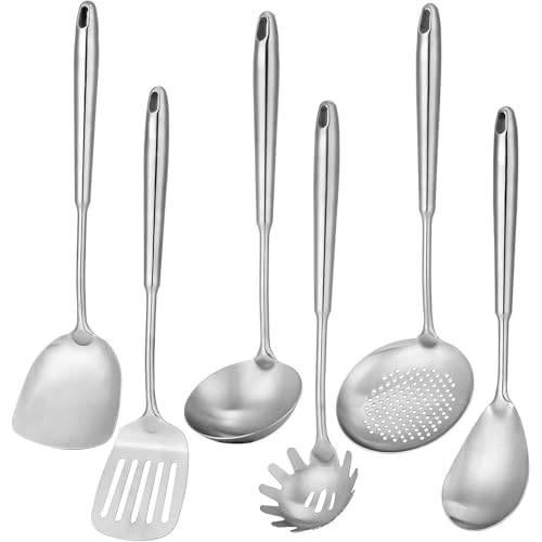 Juego de utensilios de cocina de acero inoxidable de 6 piezas, juego de cucharas que incluye cucharón, cuchara para sopa, espumadera, espátula ranurada, espátula sólida para wok y servidor de pasta