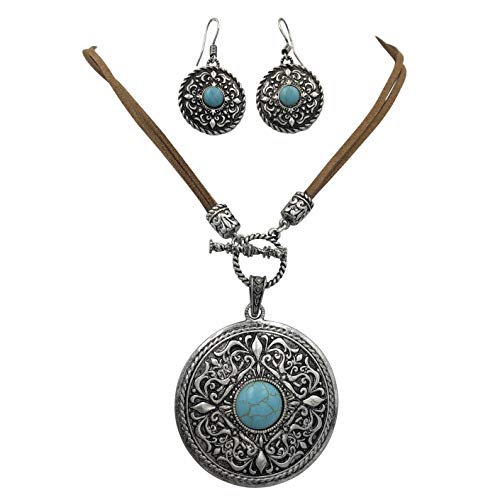 Faux Suede Cord Toggle Front Natural Stone Western Style Silver Tone Necklace & Earrings Set (Imitation Turquoise Medallion)