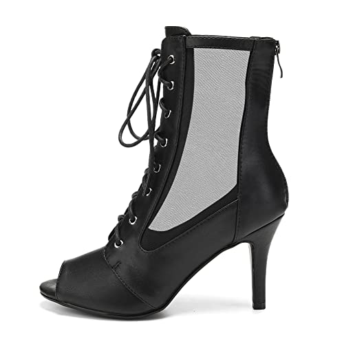 HIPPOSEUS Women's Net Yarn Latin Salsa Dance Boots Peep Toe Ballroom Ankle Boots Black Heels Class Dance Shoes,6.5 US