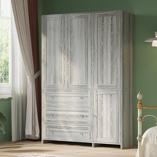 Image of VOWNER Armoire Wardrobe Closet with Drawers and Mirror, 71 inch Clothing Storage Cabinet with Hanging Rod, 4 Doors Wooden Wardrobe Cabinet for Bedroom, Large Capacity Storage (1, Gray Oak)
