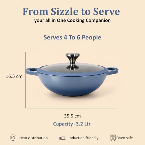 Image of Vinod Freya Cast Iron Deep Kadai with Glass Lid, 26 cm, 3.2L | TREON Technology Enamel Kadhai for Frying, Curry & Cooking | No Seasoning Required | 100% Pure & Toxin-Free | Induction & Gas Compatible