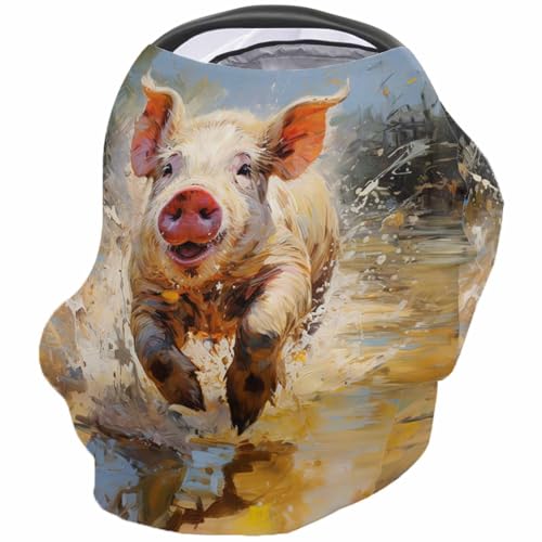 Nursing Cover for Breastfeeding Scarf, Pig Retro Oil Painting Baby Car Covers Super Soft Multi Use for Canopy Shopping Cart Cover Blanket Stroller Cover