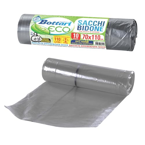 Bottari 98214 Sacchi Immondizia 110L 70x110 cm con Laccetti di Chiusura, Grigio, Raccolta Differenziata Secco, Sacchi per Spazzatura Resistenti e Riciclati, 1 Rotolo da 10 Pezzi