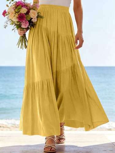 Image of ANRABESS Women's Boho Elastic High Waist Pleated A-Line Flowy Swing Asymmetric Tiered Maxi Long Skirt Dress with Pockets