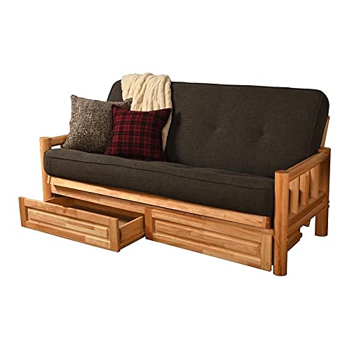 Lodge Frame-Natural Finish-Linen Charcoal Mattress-Storage Drawers