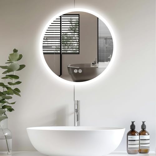 CROWNSHOP Bathroom Mirror with LED Lights, 50cm Round Illuminated Wall Mounted Makeup Mirrors with Touch Sensor Switch & Anti-Fog, 3 Lighting Modes, Dimming, Vanity Mirror - Cosy Home Interiors CROWNSHOP Bathroom Mirror with LED Lights, 50cm Round Illuminated Wall Mounted Makeup Mirrors with Touch Sensor Switch & Anti-Fog, 3 Lighting Modes, Dimming, Vanity Mirror