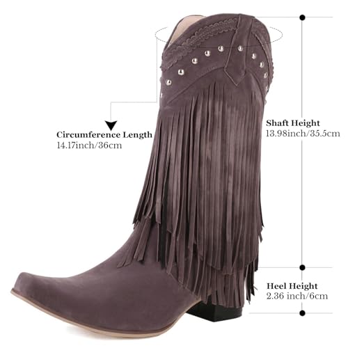 Image of KiutSymo Mid Calf Fringe Boots For Women Cowboy Pointed Toe Chunky Heels Cowgirl Western Tassel Boots