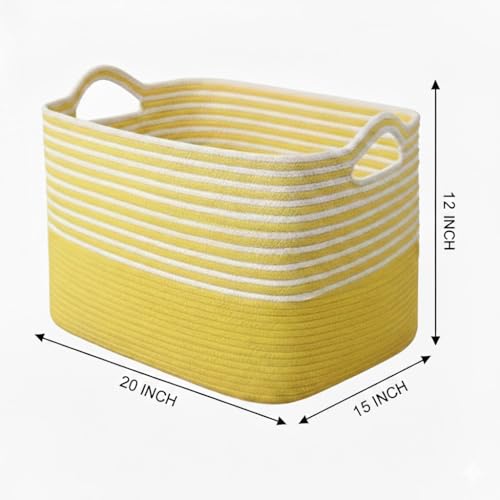 Image of Large Storage Basket, Woven Blanket Basket, Toy Basket with Handle, Laundry Hamper for Living Room, Nursery, Bedroom- 20x15x12 (LXWXH) (yellow mix)