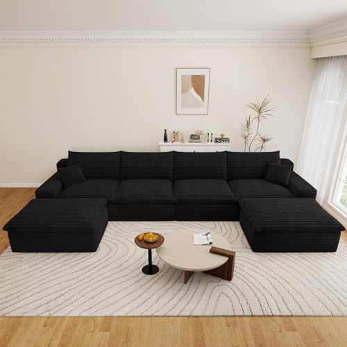 Image of 136 inch Cloud Couch Modular Sectional Sofa for Living Room, U-Shape Boneless Couch with Deep Seat, Modern Corduroy 4-Seater with Ottomans, No Assembly Required, Black