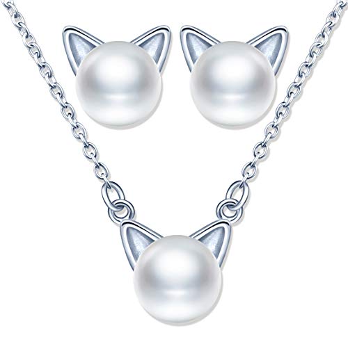 Ensembles de bijoux de chat en perles, Collier perle de chat pour femme en argent 925, Boucles d'oreilles perle de chat mignon, Cadeau de Noël et Anniversaire