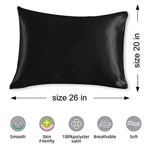 Satin Pillowcases Standard Set of 2 - Silk Soft Pillow Cases for Hair and Skin 20x26 inches, Black Satin Pillow Covers 2 Pack with Envelope Closure for Home,School, Hotel