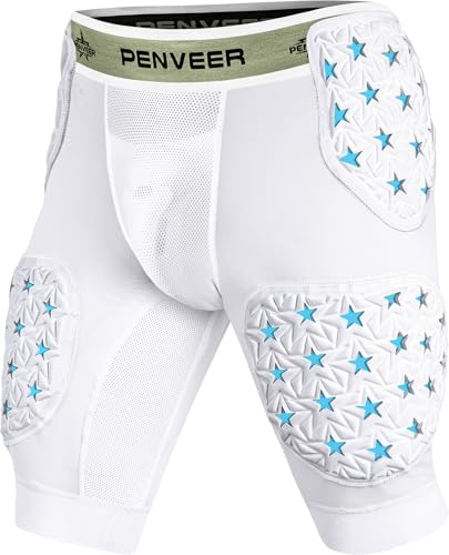 Penveer 5-Pad Adult Football Girdle for Men with Cup Pocket - 2-Tone Integrated Hip, Thigh & Tailbone Pads for Maximum Protection, Men\'s Padded Compression Shorts (White, AL)