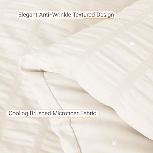 MUXHOMO 5 Pieces Twin Comforter Set, Seersucker Bed in a Bag Twin Size, All Season Luxury Bedding Set with Comforter, Flat Sheet, Fitted Sheet, Pillowcase & Sham, Ivory