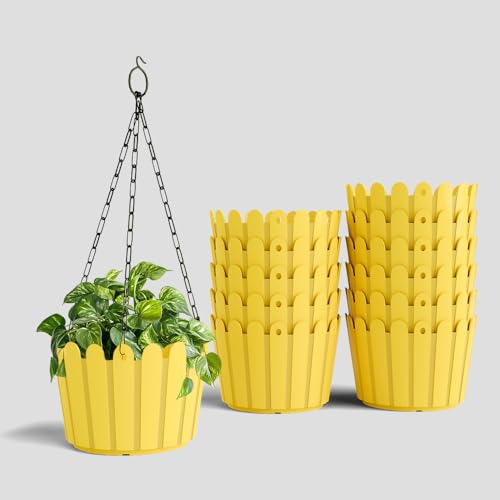 Image of YUCCABE ITALIA SHERA Hanging Fence 8 INCH Planter Pot Plastic Flower Hanging Pots for Home Decoration Sutiable for Indoor and Outdoor (Yellow, Pack of 12)