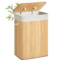 SONGMICS Wäschekorb mit Deckel, 72 Liter, Wäschesammler aus Bambus, faltbar, Wäschesack herausnehmbar und maschinenwaschbar, mit Griffen, für Waschküche, Schlafzimmer, naturfarben LCB10Y