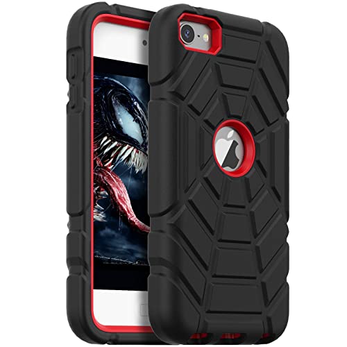 Grifobes iPod Touch Case, Heavy Duty Shockproof Rugged Protective Cover for iPod Touch 7/6/5, 3-in-1 Case for Kids Children (Black+Red)