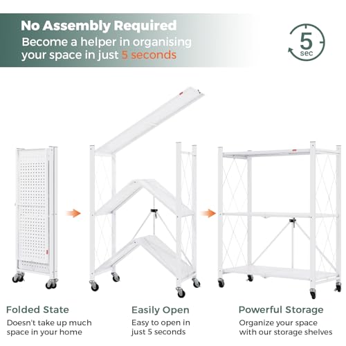 Image of DEANIC 3 Tier Foldable Storage Shelves with Wheels, Large Capacity Shelving Unit, Freestanding Metal Wire Shelf Rack, No Assembly Organizer Rack for Garage Kitchen, Basement, Pantry(White Pack of 2)