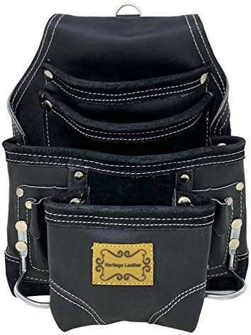 Western Heritage | Heavy Duty Leather Tool Pouch Bag, Black Color | Professional Grade | Carpenter, Construction, Framers, Handyman Tool Bag, Reinforced Seams, 10 Pockets, 2 Hammer Holders