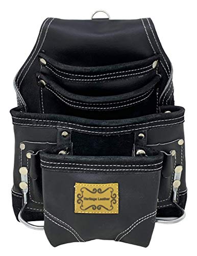 Western Heritage | Heavy Duty Leather Tool Pouch Bag, Black Color | Professional Grade | Carpenter, Construction, Framers, Handyman Tool Bag, Reinforced Seams, 10 Pockets, 2 Hammer Holders #TOP2