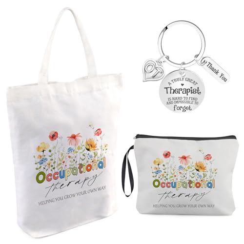 3 Pcs OT Gifts Occupational Therapy Gifts Flower Canvas Tote Bag Makeup Bag Cosmetic Bag Therapist Keychain for Occupational Therapists OT Appreciation Gifts Speech Therapist Gift for Woman