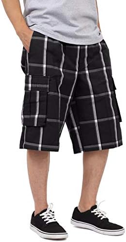 Shaka Wear Men’s Cargo Shorts – Casual Plaid Relaxed Loose Fit Elastic Waist Multi Pocket Pants Regular Big Size SP1702 Black 2X
